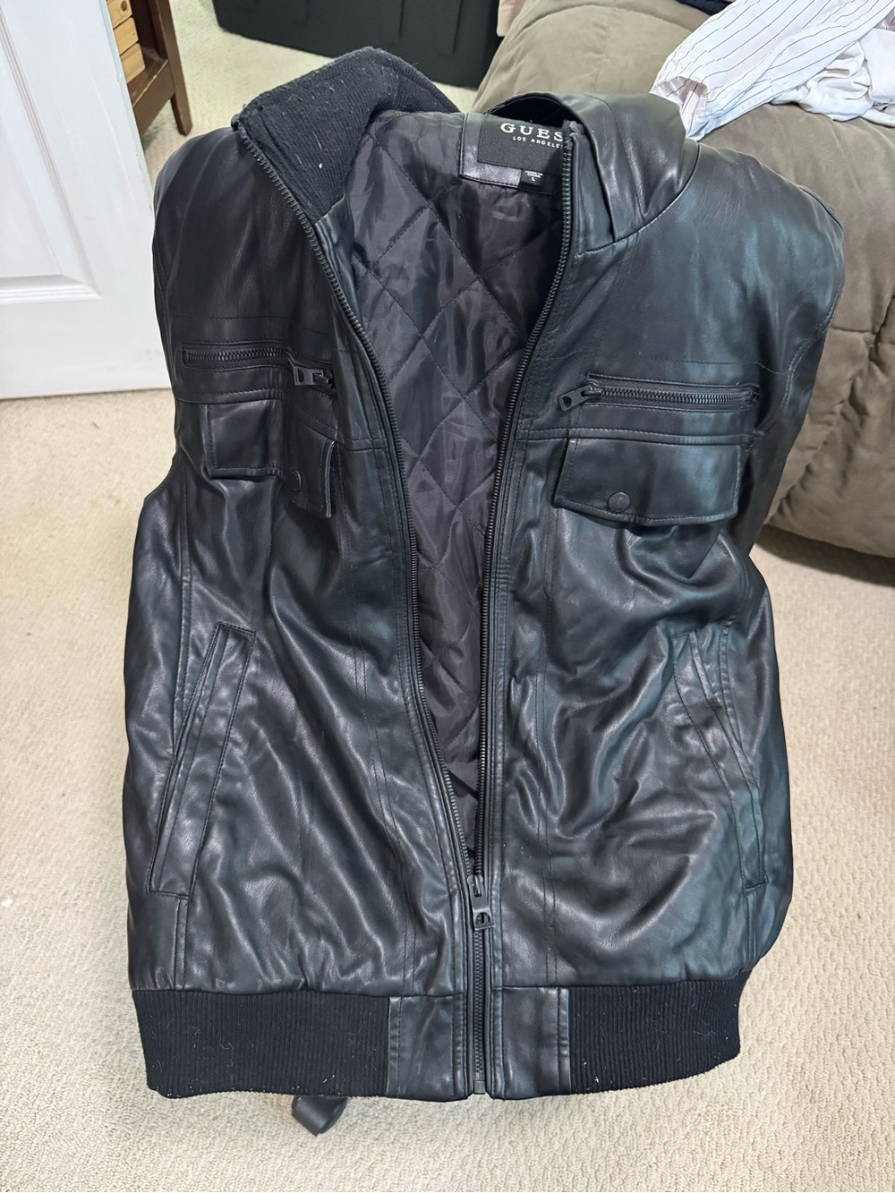 GUESS Los Angeles Black Faux Leather Hooded Bomber Jacket